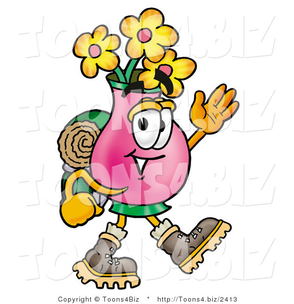 Illustration of a Cartoon Flowers Mascot Hiking and Carrying a Backpack