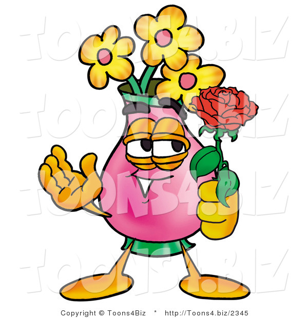 Illustration of a Cartoon Flowers Mascot Holding a Red Rose on Valentines Day