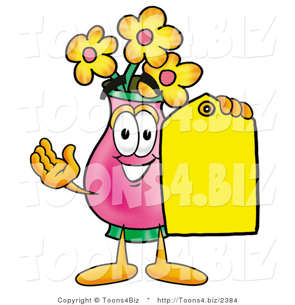 Illustration of a Cartoon Flowers Mascot Holding a Yellow Sales Price Tag