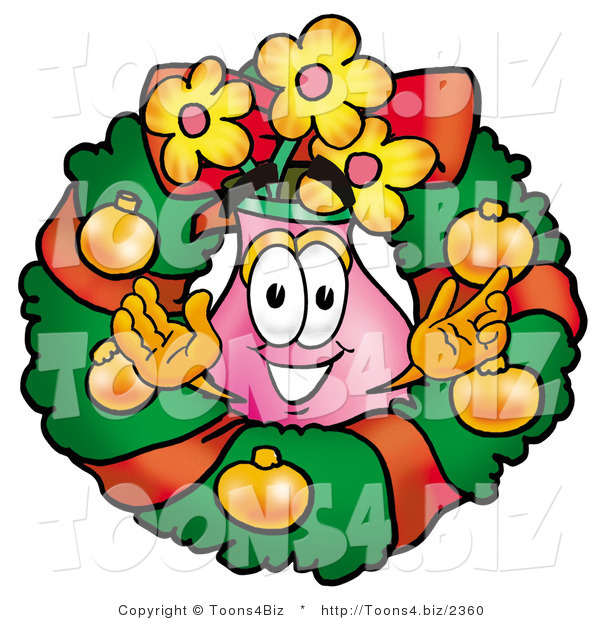 Illustration of a Cartoon Flowers Mascot in the Center of a Christmas Wreath