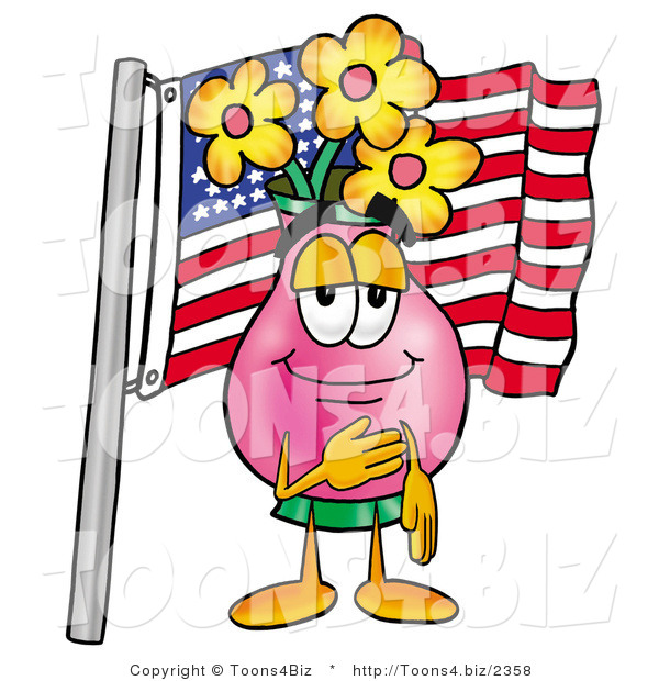 Illustration of a Cartoon Flowers Mascot Pledging Allegiance to an American Flag