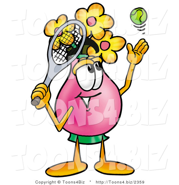 Illustration of a Cartoon Flowers Mascot Preparing to Hit a Tennis Ball
