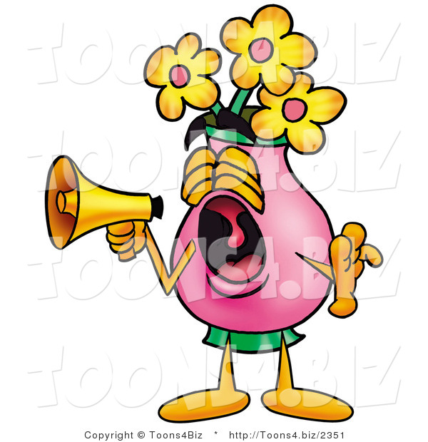 Illustration of a Cartoon Flowers Mascot Screaming into a Megaphone