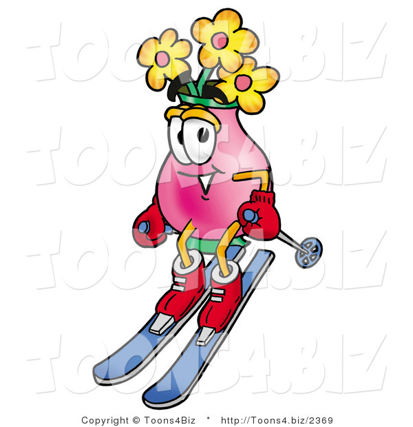 Illustration of a Cartoon Flowers Mascot Skiing Downhill