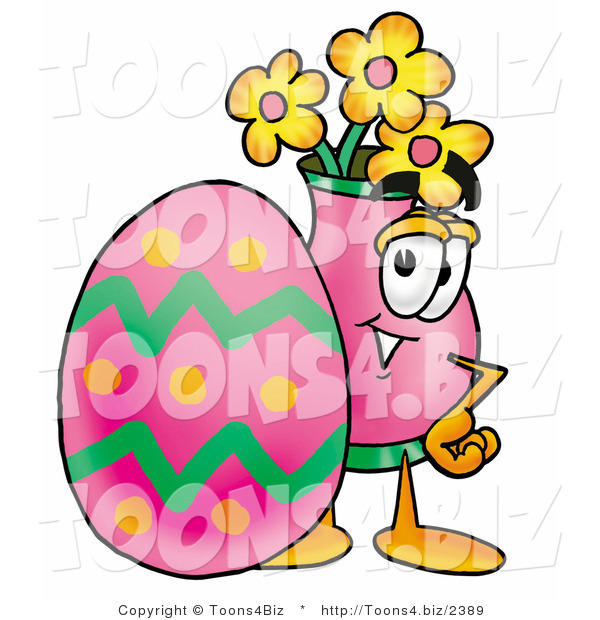 Illustration of a Cartoon Flowers Mascot Standing Beside an Easter Egg