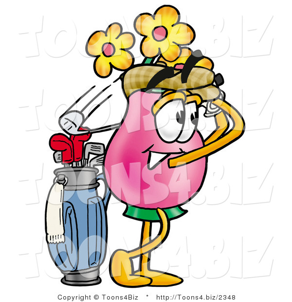 Illustration of a Cartoon Flowers Mascot Swinging His Golf Club While Golfing