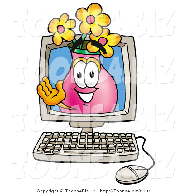 Illustration of a Cartoon Flowers Mascot Waving from Inside a Computer Screen