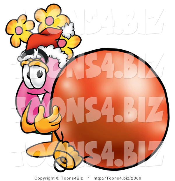 Illustration of a Cartoon Flowers Mascot Wearing a Santa Hat, Standing with a Christmas Bauble