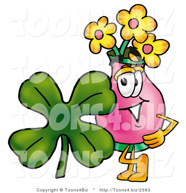 Illustration of a Cartoon Flowers Mascot with a Green Four Leaf Clover on St Paddy's or St Patricks Day