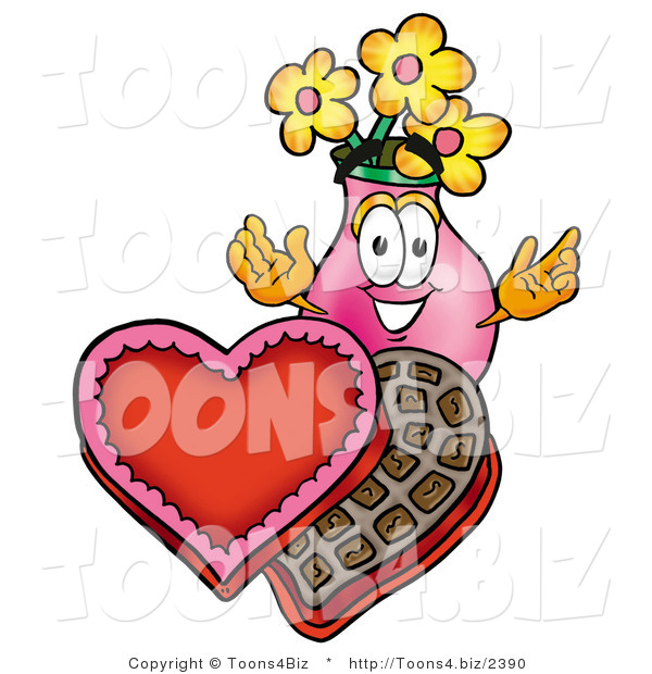 Illustration of a Cartoon Flowers Mascot with an Open Box of Valentines Day Chocolate Candies