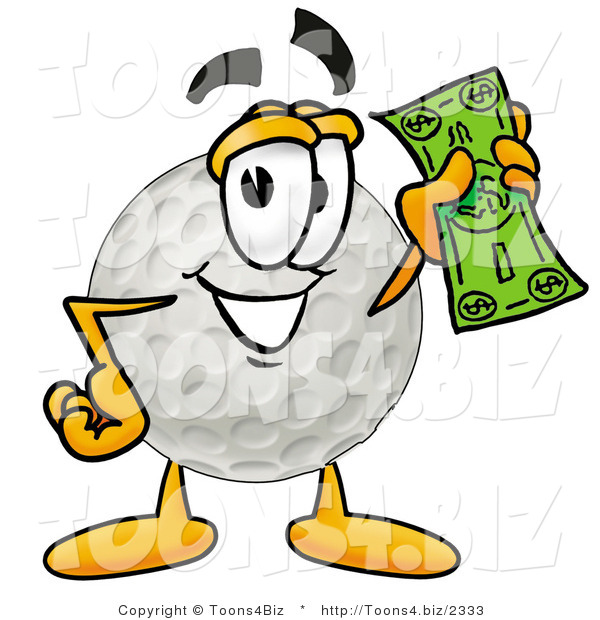 Illustration of a Cartoon Golf Ball Mascot Holding a Dollar Bill