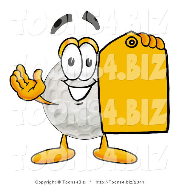 Illustration of a Cartoon Golf Ball Mascot Holding a Yellow Sales Price Tag