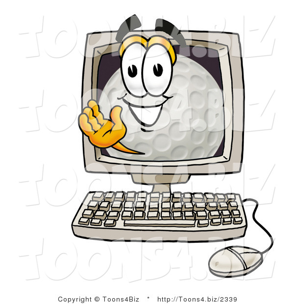 Illustration of a Cartoon Golf Ball Mascot Waving from Inside a Computer Screen