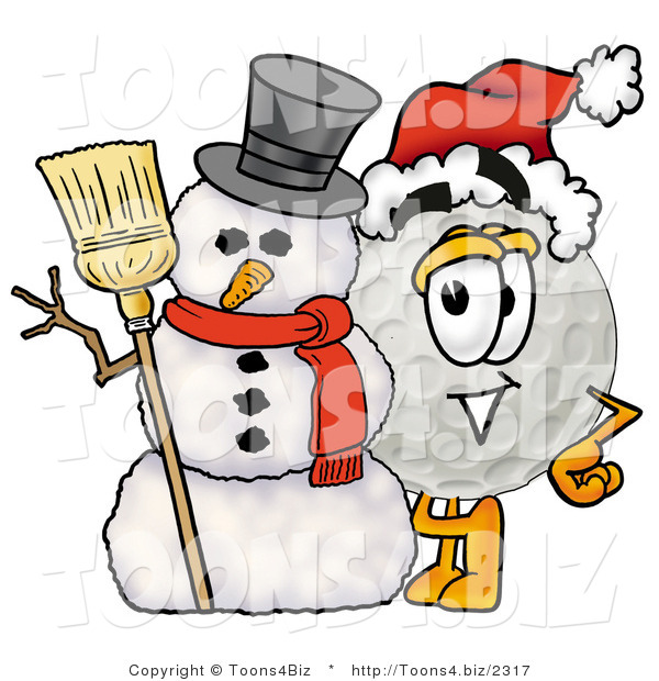 Illustration of a Cartoon Golf Ball Mascot with a Snowman on Christmas