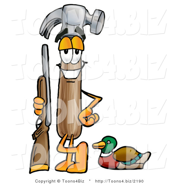 Illustration of a Cartoon Hammer Mascot Duck Hunting, Standing with a Rifle and Duck