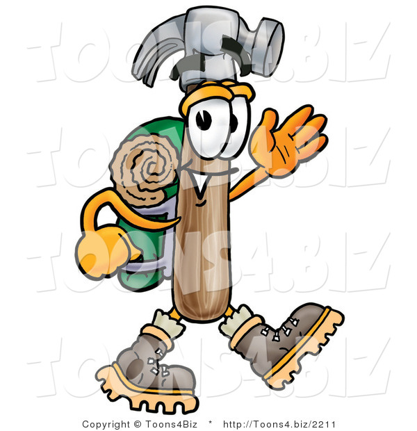 Illustration of a Cartoon Hammer Mascot Hiking and Carrying a Backpack