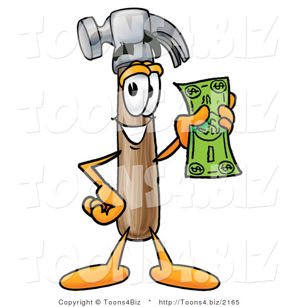 Illustration of a Cartoon Hammer Mascot Holding a Dollar Bill