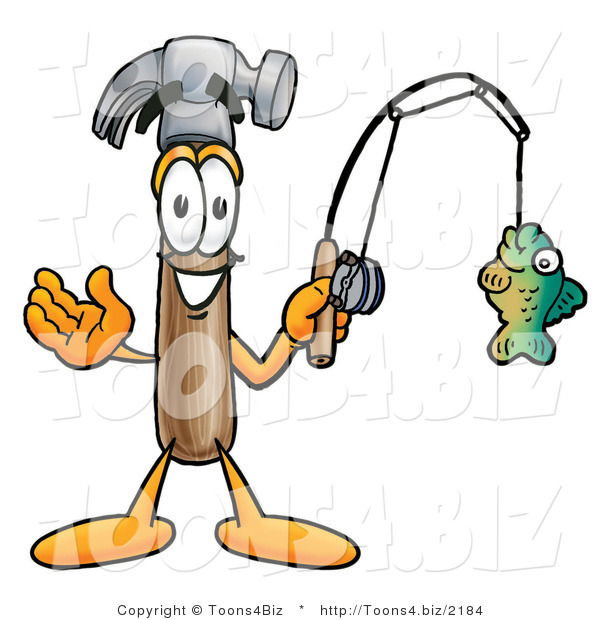 Illustration of a Cartoon Hammer Mascot Holding a Fish on a Fishing Pole