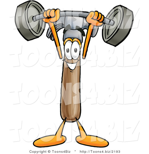 Illustration of a Cartoon Hammer Mascot Holding a Heavy Barbell Above His Head