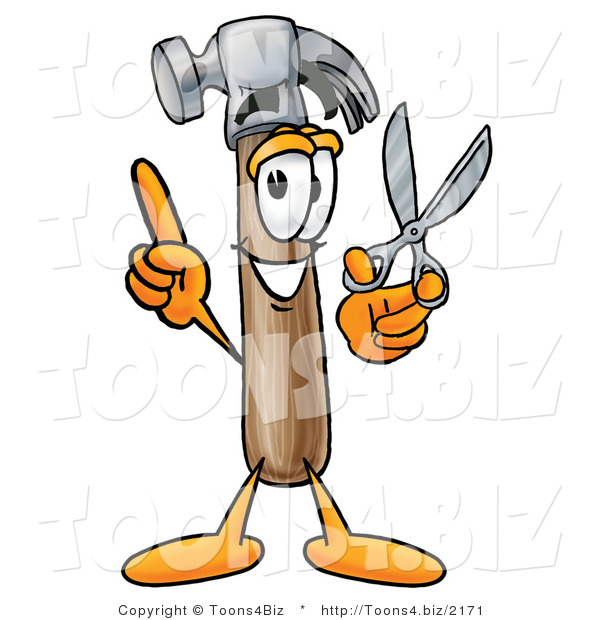 Illustration of a Cartoon Hammer Mascot Holding a Pair of Scissors