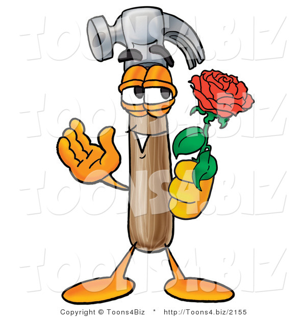 Illustration of a Cartoon Hammer Mascot Holding a Red Rose on Valentines Day