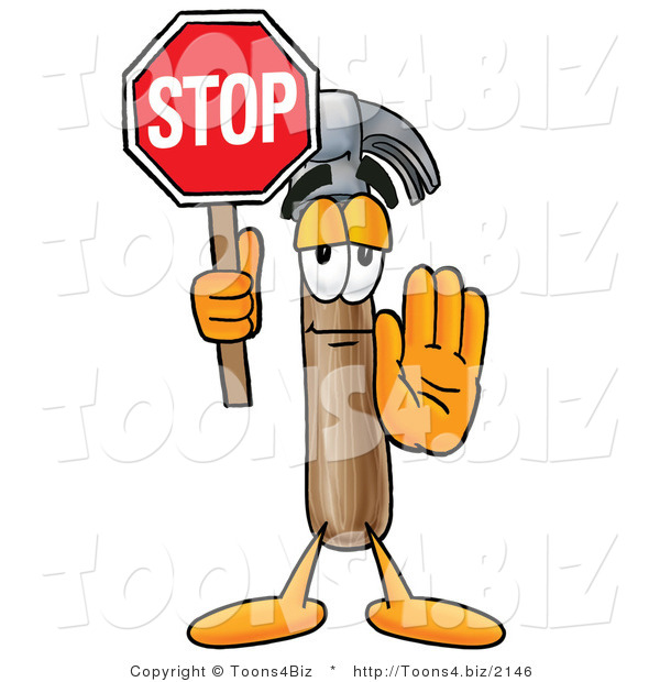 Illustration of a Cartoon Hammer Mascot Holding a Stop Sign