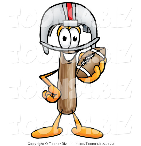 Illustration of a Cartoon Hammer Mascot in a Helmet, Holding a Football