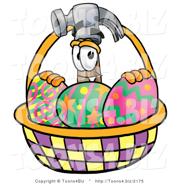 Illustration of a Cartoon Hammer Mascot in an Easter Basket Full of Decorated Easter Eggs