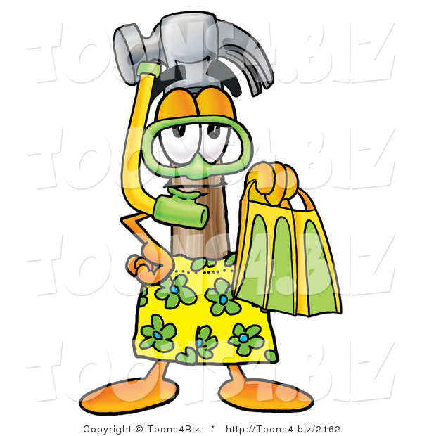 Illustration of a Cartoon Hammer Mascot in Green and Yellow Snorkel Gear