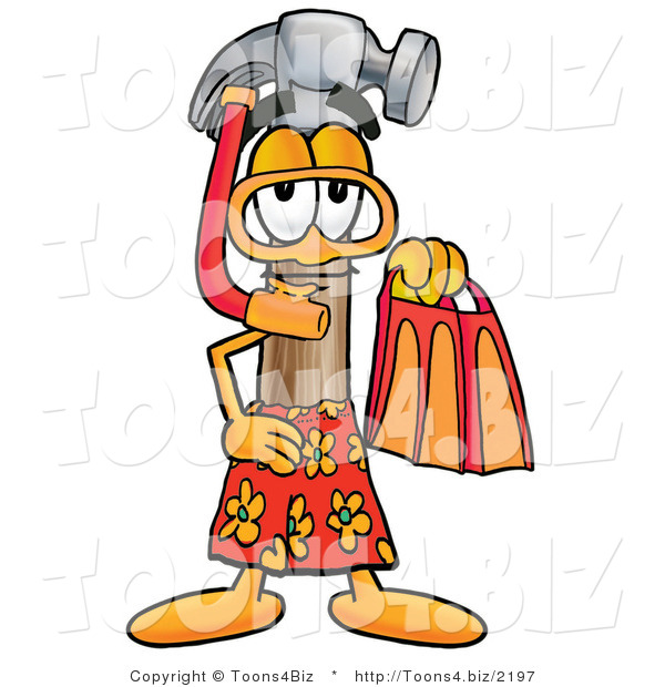 Illustration of a Cartoon Hammer Mascot in Orange and Red Snorkel Gear