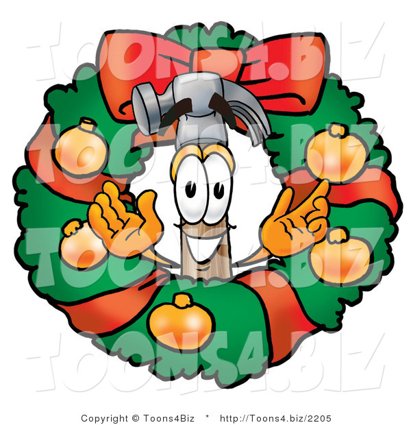 Illustration of a Cartoon Hammer Mascot in the Center of a Christmas Wreath