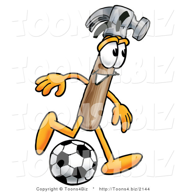 Illustration of a Cartoon Hammer Mascot Kicking a Soccer Ball