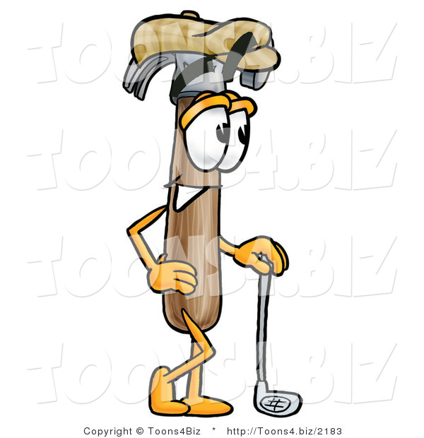 Illustration of a Cartoon Hammer Mascot Leaning on a Golf Club While Golfing