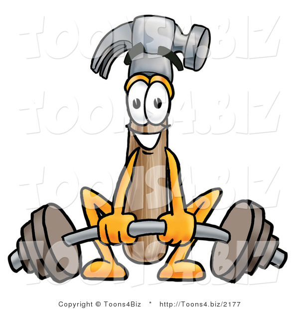 Illustration of a Cartoon Hammer Mascot Lifting a Heavy Barbell
