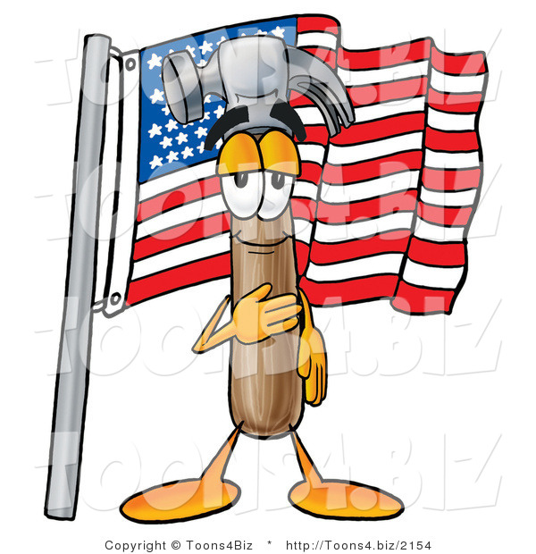 Illustration of a Cartoon Hammer Mascot Pledging Allegiance to an American Flag