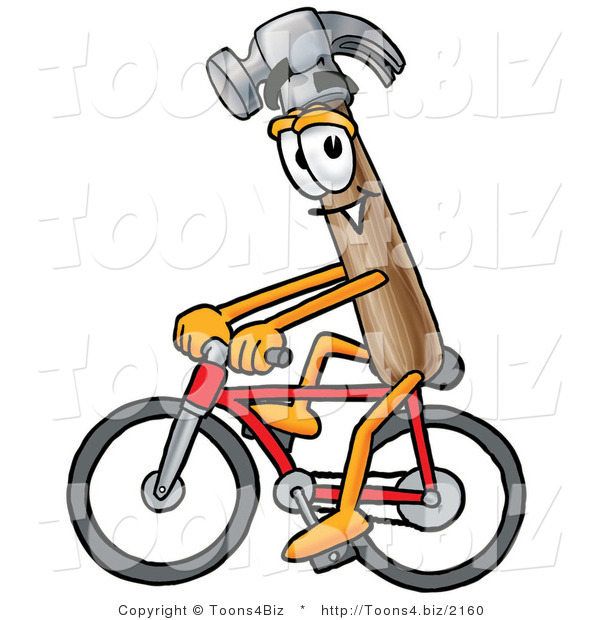 Illustration of a Cartoon Hammer Mascot Riding a Bicycle