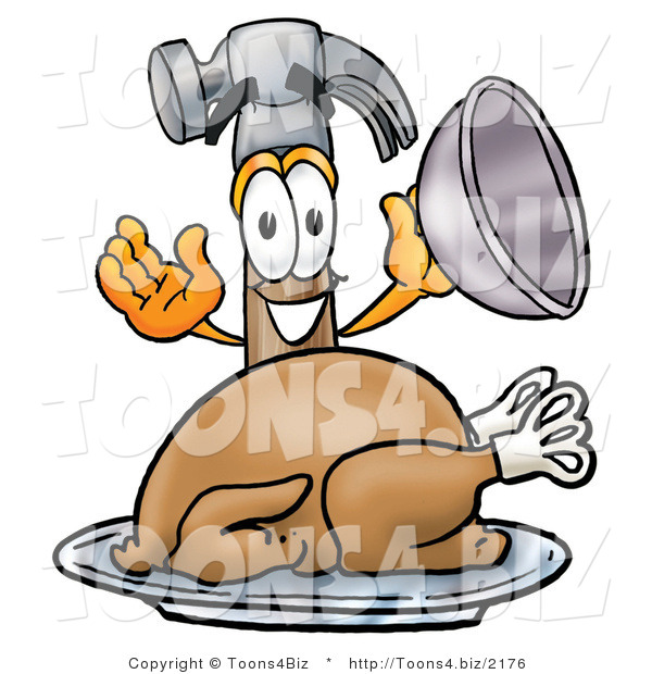 Illustration of a Cartoon Hammer Mascot Serving a Thanksgiving Turkey on a Platter