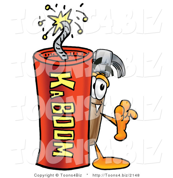 Illustration of a Cartoon Hammer Mascot Standing with a Lit Stick of Dynamite