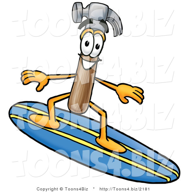 Illustration of a Cartoon Hammer Mascot Surfing on a Blue and Yellow Surfboard