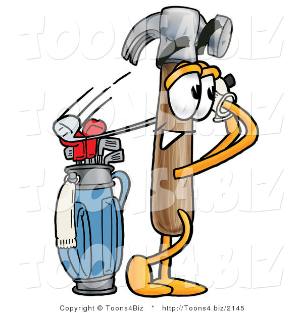 Illustration of a Cartoon Hammer Mascot Swinging His Golf Club While Golfing