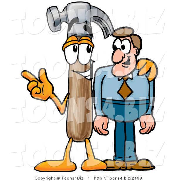 Illustration of a Cartoon Hammer Mascot Talking to a Business Man