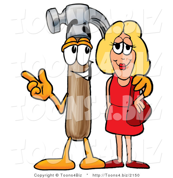 Illustration of a Cartoon Hammer Mascot Talking to a Pretty Blond Woman