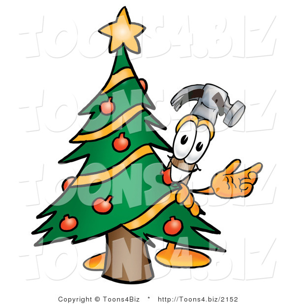 Illustration of a Cartoon Hammer Mascot Waving and Standing by a Decorated Christmas Tree