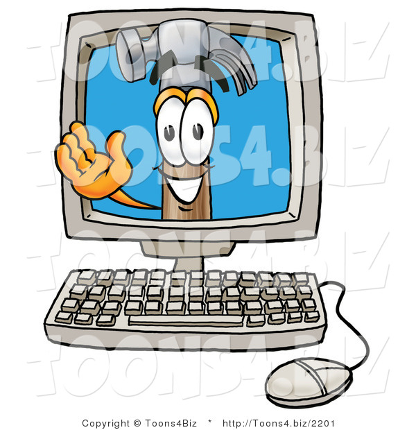 Illustration of a Cartoon Hammer Mascot Waving from Inside a Computer Screen