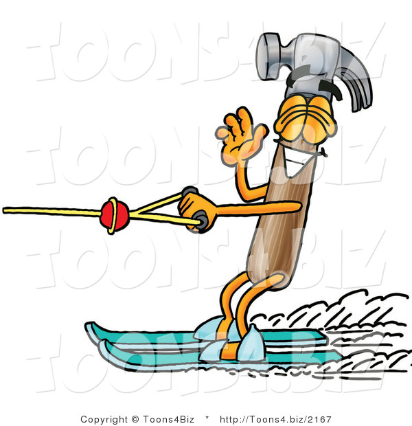 Illustration of a Cartoon Hammer Mascot Waving While Water Skiing