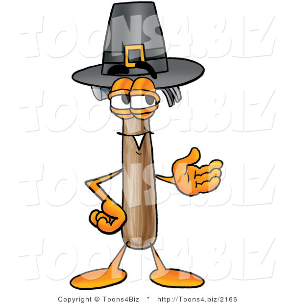 Illustration of a Cartoon Hammer Mascot Wearing a Pilgrim Hat on Thanksgiving
