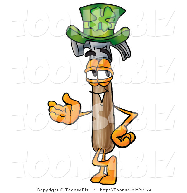 Illustration of a Cartoon Hammer Mascot Wearing a Saint Patricks Day Hat with a Clover on It