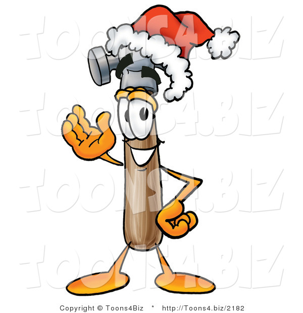 Illustration of a Cartoon Hammer Mascot Wearing a Santa Hat and Waving