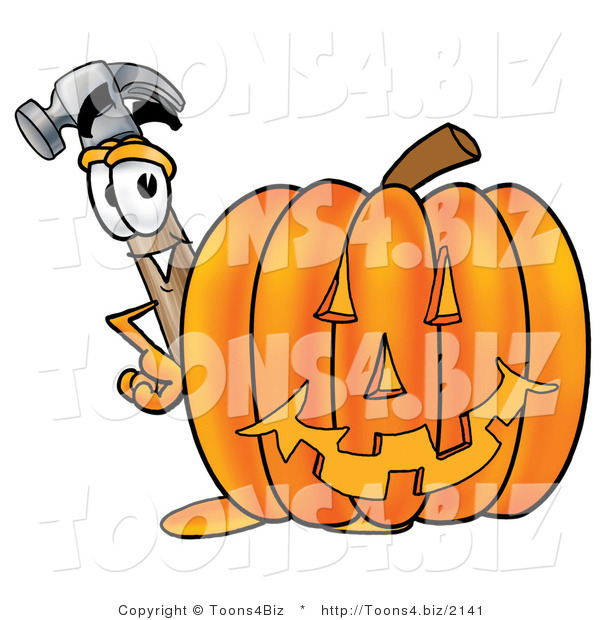 Illustration of a Cartoon Hammer Mascot with a Carved Halloween Pumpkin