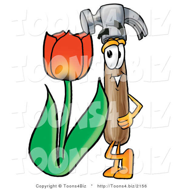 Illustration of a Cartoon Hammer Mascot with a Red Tulip Flower in the Spring